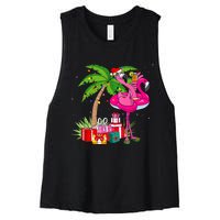 Tropical Pink Flamingo Christmas In July Summer Palm Tree Women's Racerback Cropped Tank