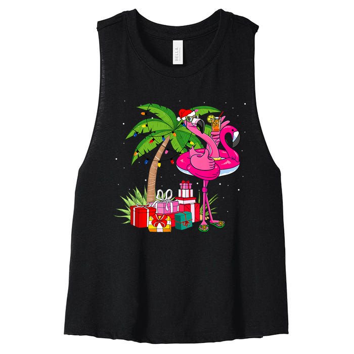 Tropical Pink Flamingo Christmas In July Summer Palm Tree Women's Racerback Cropped Tank