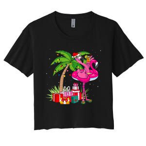 Tropical Pink Flamingo Christmas In July Summer Palm Tree Women's Crop Top Tee