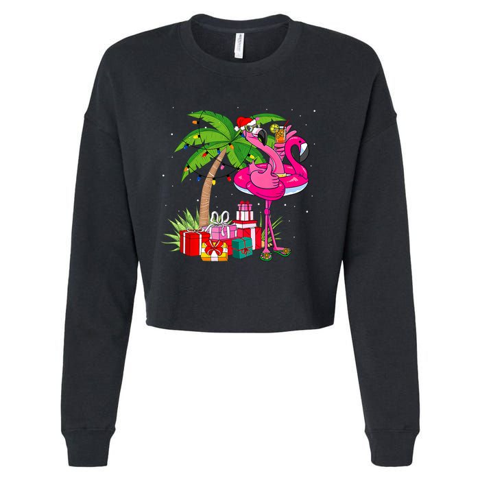 Tropical Pink Flamingo Christmas In July Summer Palm Tree Cropped Pullover Crew