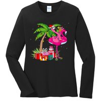 Tropical Pink Flamingo Christmas In July Summer Palm Tree Ladies Long Sleeve Shirt