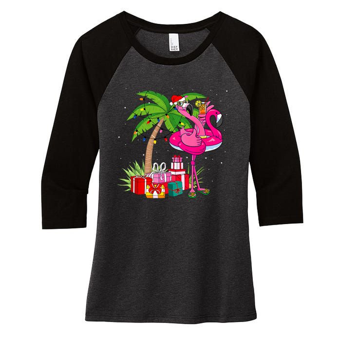 Tropical Pink Flamingo Christmas In July Summer Palm Tree Women's Tri-Blend 3/4-Sleeve Raglan Shirt