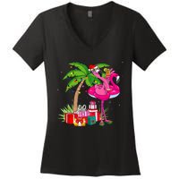 Tropical Pink Flamingo Christmas In July Summer Palm Tree Women's V-Neck T-Shirt