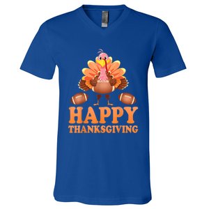 Turkey Playing Football Happy Thanksgiving Player Fan Lover Gift V-Neck T-Shirt