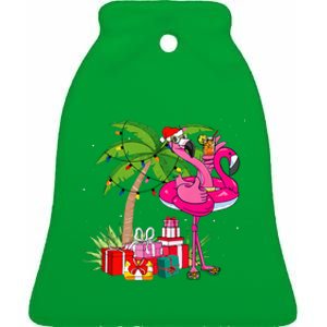 Tropical Pink Flamingo Christmas In July Summer Palm Tree Ceramic Bell Ornament