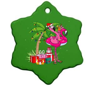 Tropical Pink Flamingo Christmas In July Summer Palm Tree Ceramic Star Ornament