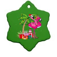 Tropical Pink Flamingo Christmas In July Summer Palm Tree Ceramic Star Ornament