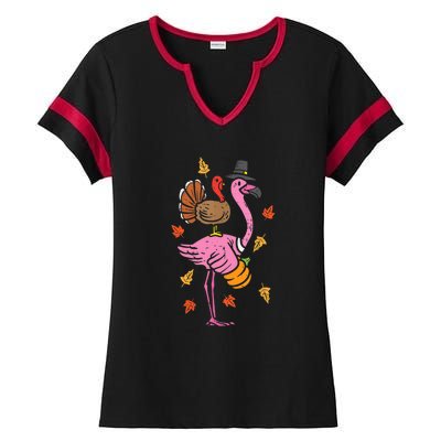 Turkey Pilgrim Flamingo Funny Thanksgiving Ladies Halftime Notch Neck Tee