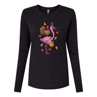 Turkey Pilgrim Flamingo Funny Thanksgiving Womens Cotton Relaxed Long Sleeve T-Shirt