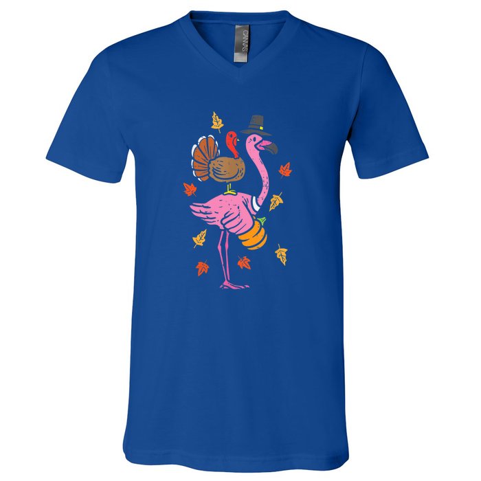 Turkey Pilgrim Flamingo Funny Thanksgiving V-Neck T-Shirt