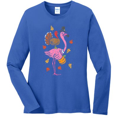 Turkey Pilgrim Flamingo Funny Thanksgiving Ladies Long Sleeve Shirt