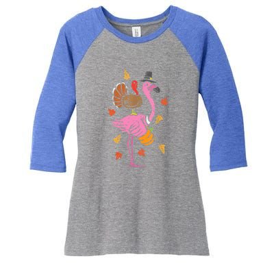 Turkey Pilgrim Flamingo Funny Thanksgiving Women's Tri-Blend 3/4-Sleeve Raglan Shirt