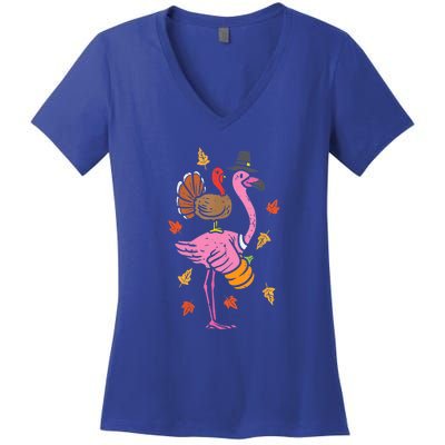 Turkey Pilgrim Flamingo Funny Thanksgiving Women's V-Neck T-Shirt