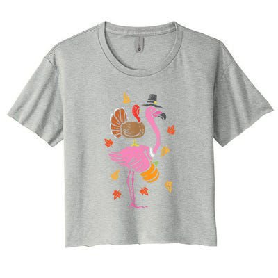 Turkey Pilgrim Flamingo Funny Thanksgiving Women's Crop Top Tee