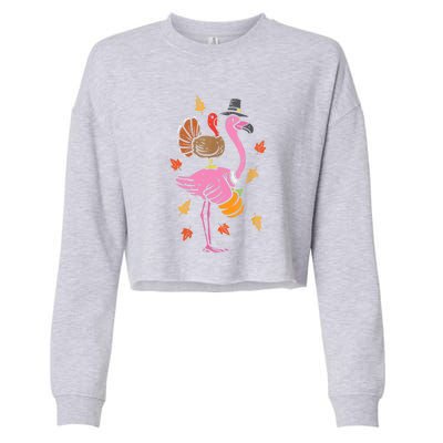 Turkey Pilgrim Flamingo Funny Thanksgiving Cropped Pullover Crew