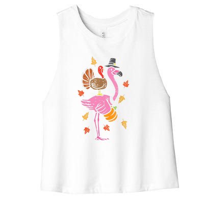 Turkey Pilgrim Flamingo Funny Thanksgiving Women's Racerback Cropped Tank