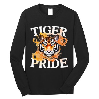 Tiger Pride Flame Tiger Mascot Retro School Sport Cheer Team Long Sleeve Shirt