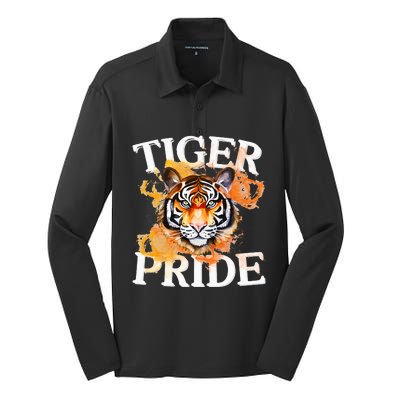 Tiger Pride Flame Tiger Mascot Retro School Sport Cheer Team Silk Touch Performance Long Sleeve Polo