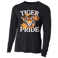 Tiger Pride Flame Tiger Mascot Retro School Sport Cheer Team Cooling Performance Long Sleeve Crew