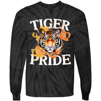 Tiger Pride Flame Tiger Mascot Retro School Sport Cheer Team Tie-Dye Long Sleeve Shirt