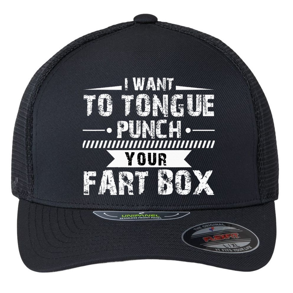 Tongue Punch Fart Box Funny Word Pun Humor Sarcasm Joke Gag Flexfit Unipanel Trucker Cap