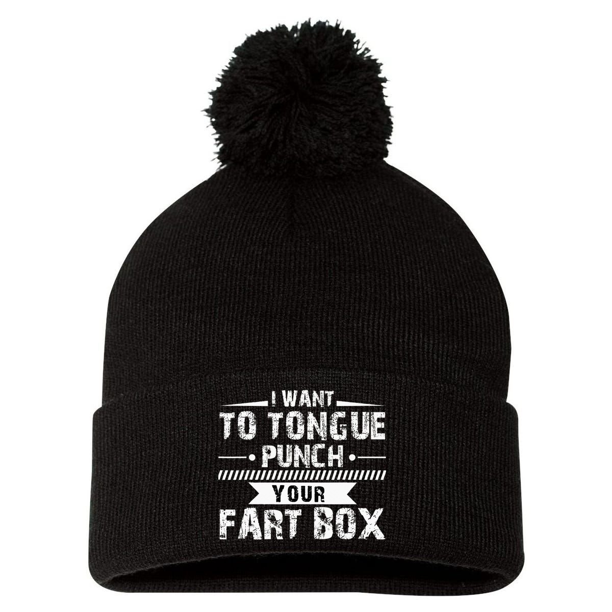 Tongue Punch Fart Box Funny Word Pun Humor Sarcasm Joke Gag Pom Pom 12in Knit Beanie