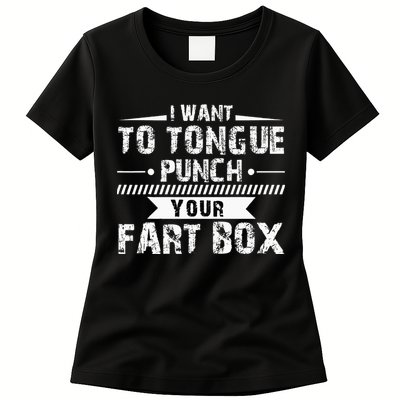 Tongue Punch Fart Box Funny Word Pun Humor Sarcasm Joke Gag Womens T-Shirt