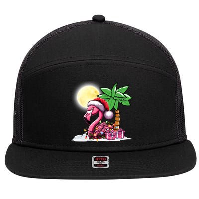 Tropical Pink Flamingo Christmas In July Funny Xmas Tree Gift 7 Panel Mesh Trucker Snapback Hat