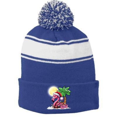 Tropical Pink Flamingo Christmas In July Funny Xmas Tree Gift Stripe Pom Pom Beanie