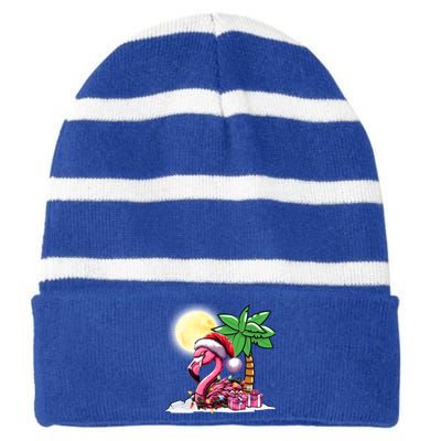 Tropical Pink Flamingo Christmas In July Funny Xmas Tree Gift Striped Beanie with Solid Band