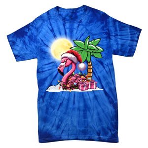 Tropical Pink Flamingo Christmas In July Funny Xmas Tree Gift Tie-Dye T-Shirt