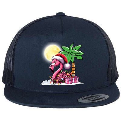 Tropical Pink Flamingo Christmas In July Funny Xmas Tree Gift Flat Bill Trucker Hat