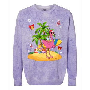 Tropical Pink Flamingo Christmas In Summer Palm Tree Graphic Gift Colorblast Crewneck Sweatshirt