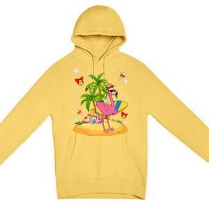 Tropical Pink Flamingo Christmas In Summer Palm Tree Graphic Gift Premium Pullover Hoodie