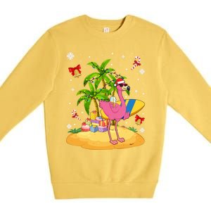 Tropical Pink Flamingo Christmas In Summer Palm Tree Graphic Gift Premium Crewneck Sweatshirt