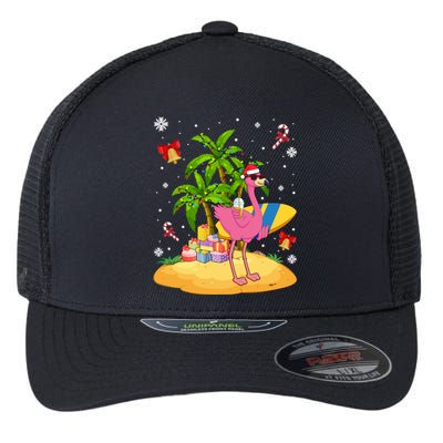 Tropical Pink Flamingo Christmas In Summer Palm Tree Graphic Gift Flexfit Unipanel Trucker Cap