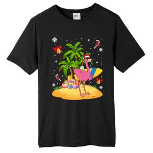 Tropical Pink Flamingo Christmas In Summer Palm Tree Graphic Gift Tall Fusion ChromaSoft Performance T-Shirt