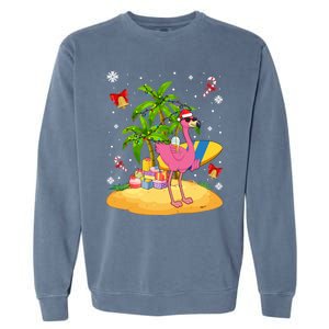 Tropical Pink Flamingo Christmas In Summer Palm Tree Graphic Gift Garment-Dyed Sweatshirt