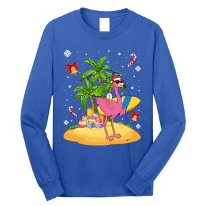 Tropical Pink Flamingo Christmas In Summer Palm Tree Graphic Gift Long Sleeve Shirt