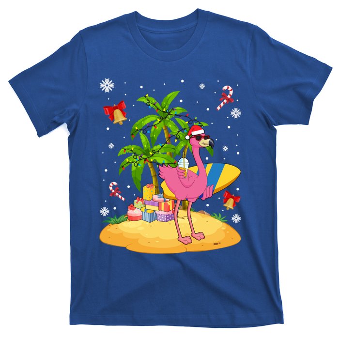 Tropical Pink Flamingo Christmas In Summer Palm Tree Graphic Gift T-Shirt