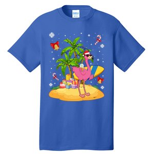 Tropical Pink Flamingo Christmas In Summer Palm Tree Graphic Gift Tall T-Shirt