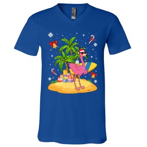 Tropical Pink Flamingo Christmas In Summer Palm Tree Graphic Gift V-Neck T-Shirt