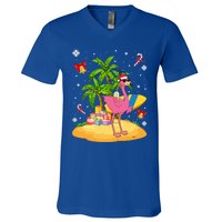 Tropical Pink Flamingo Christmas In Summer Palm Tree Graphic Gift V-Neck T-Shirt