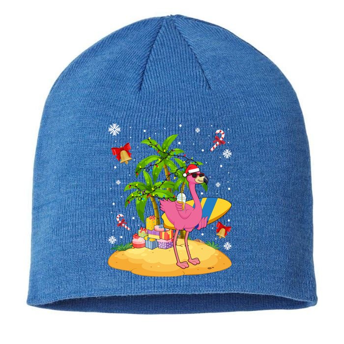 Tropical Pink Flamingo Christmas In Summer Palm Tree Graphic Gift Sustainable Beanie