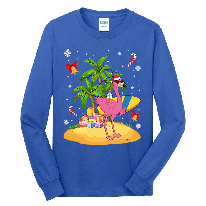 Tropical Pink Flamingo Christmas In Summer Palm Tree Graphic Gift Tall Long Sleeve T-Shirt