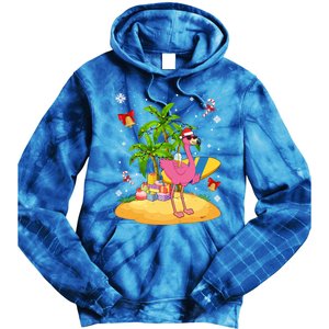 Tropical Pink Flamingo Christmas In Summer Palm Tree Graphic Gift Tie Dye Hoodie