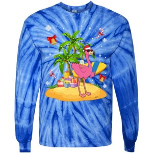 Tropical Pink Flamingo Christmas In Summer Palm Tree Graphic Gift Tie-Dye Long Sleeve Shirt