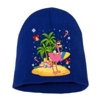 Tropical Pink Flamingo Christmas In Summer Palm Tree Graphic Gift Short Acrylic Beanie