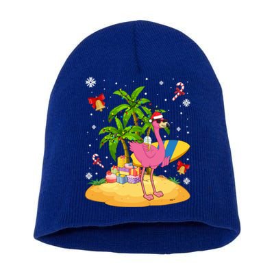 Tropical Pink Flamingo Christmas In Summer Palm Tree Graphic Gift Short Acrylic Beanie