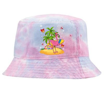 Tropical Pink Flamingo Christmas In Summer Palm Tree Graphic Gift Tie-Dyed Bucket Hat